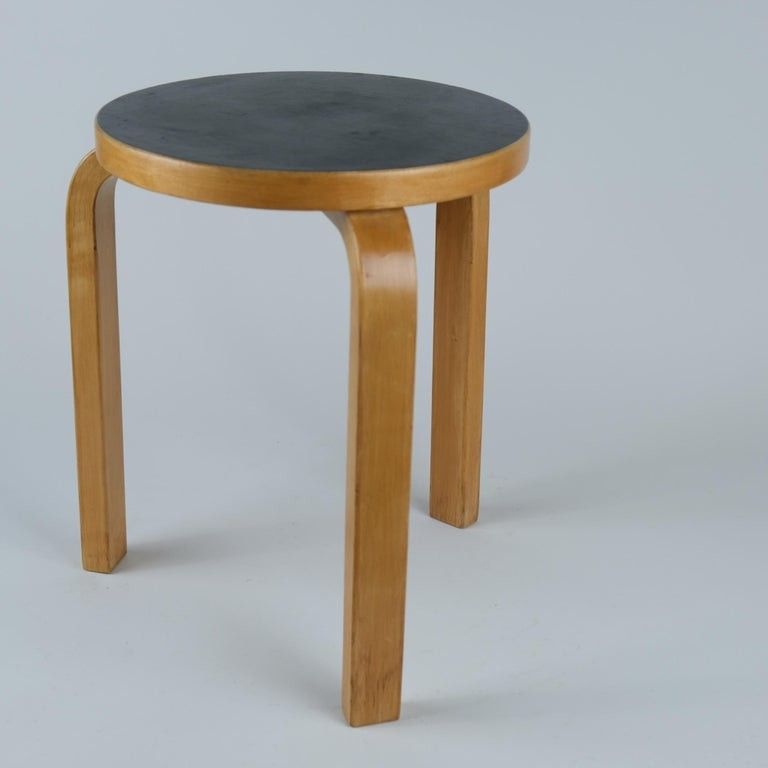 Alvar Aalto 3-Legged Stool Model 60 In Birch and Black Linoleum